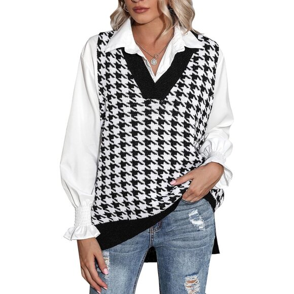 Sweaters - Women Black White Sweater Vest Sleeveless V Neck Oversized Knitted Pullover Fall